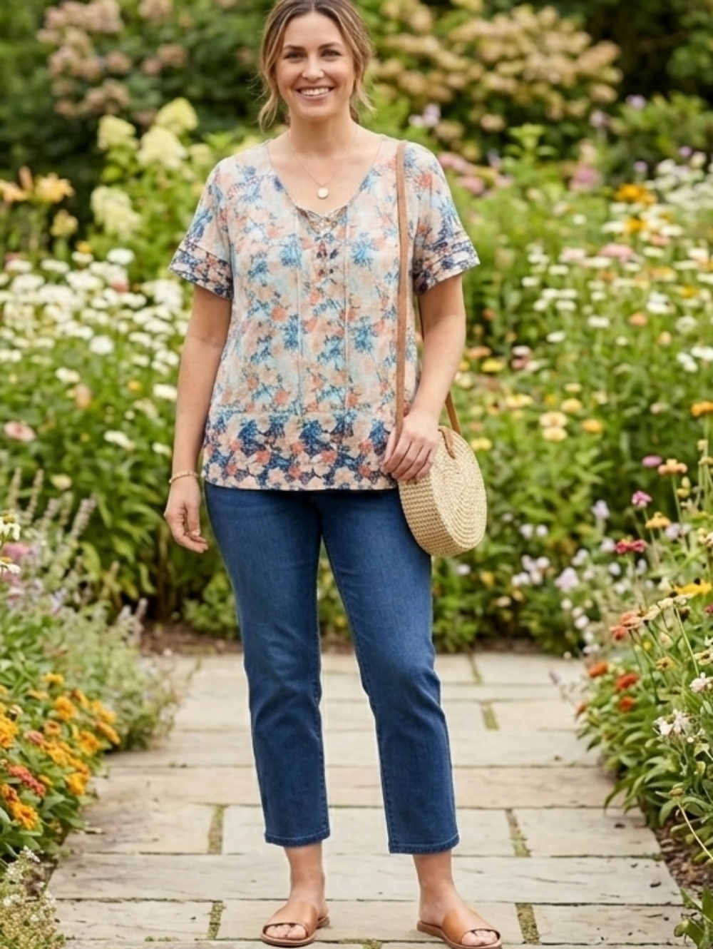 Style & Co Light Blue Floral Lace Up Boho Blouse PXL Petite